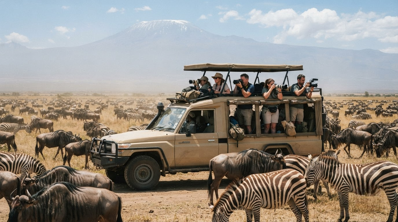 Small group of travellers on a shared game-drive vehicle watching wildlife in Amboseli National Park