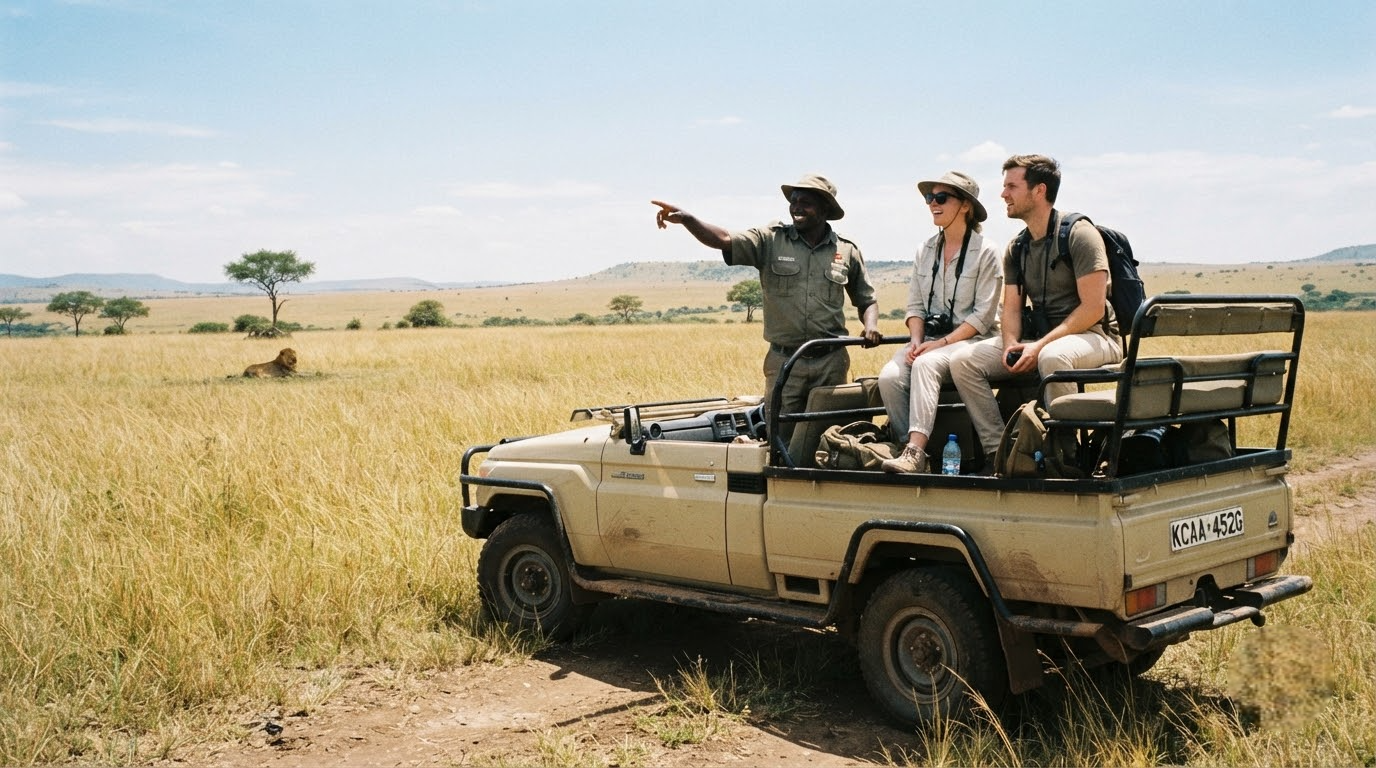 Private safari guide pointing out wildlife to travellers from an open-sided 4x4 in the Masai Mara during a Kenya safari package