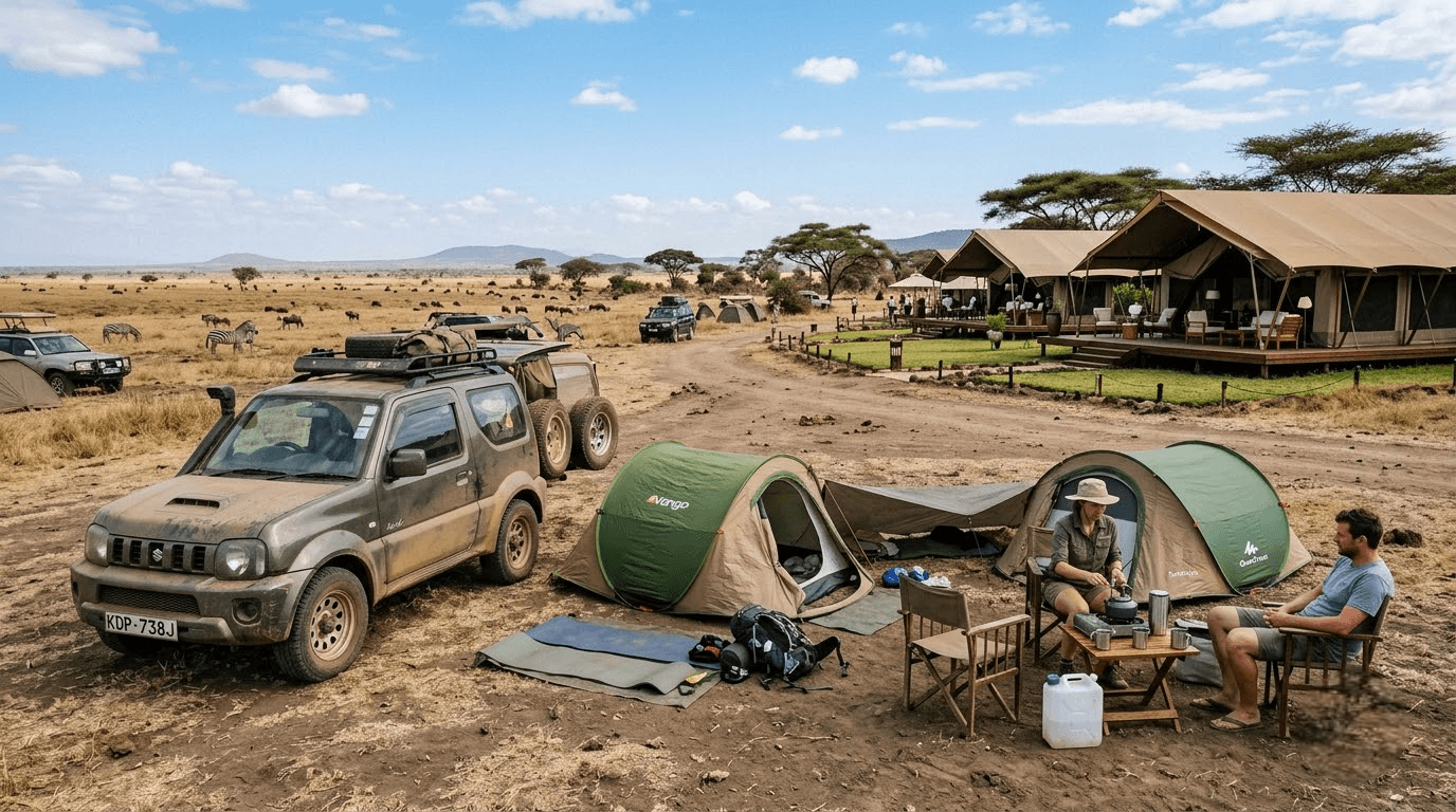 Budget camping safari vehicle and tents set up in a Kenyan national park