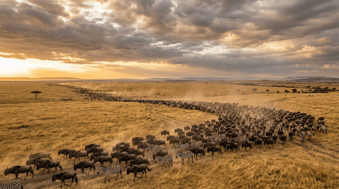 Wide open plains of the Serengeti National Park in Tanzania at golden hour