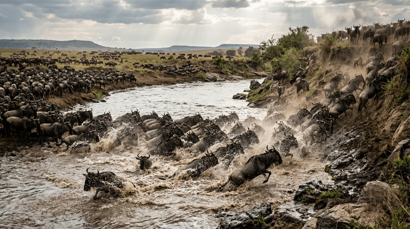 Wildebeest herd crossing a river during the Great Migration in the Masai Mara