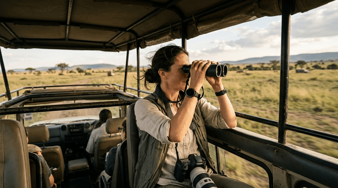 Traveller using binoculars and a camera from inside a safari vehicle during a game drive