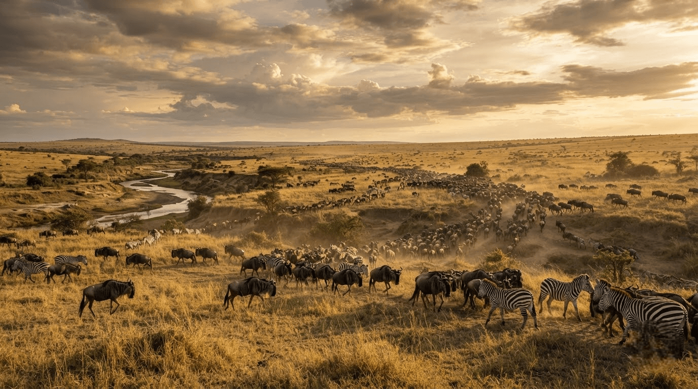 Wildebeest and zebra herds crossing the open plains of the Serengeti National Park