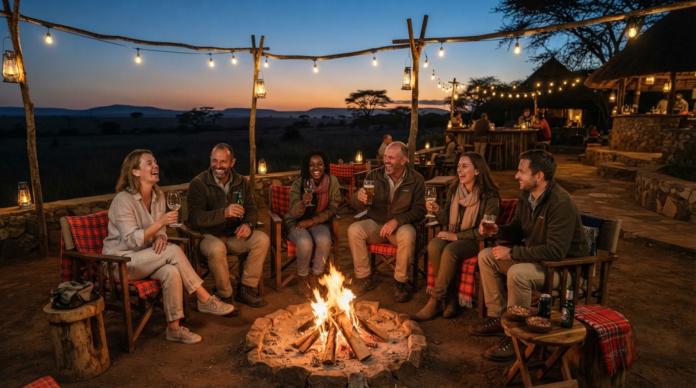Small group of safari travellers celebrating together at a Kenyan lodge in the evening after a day out on a Kenya safari package