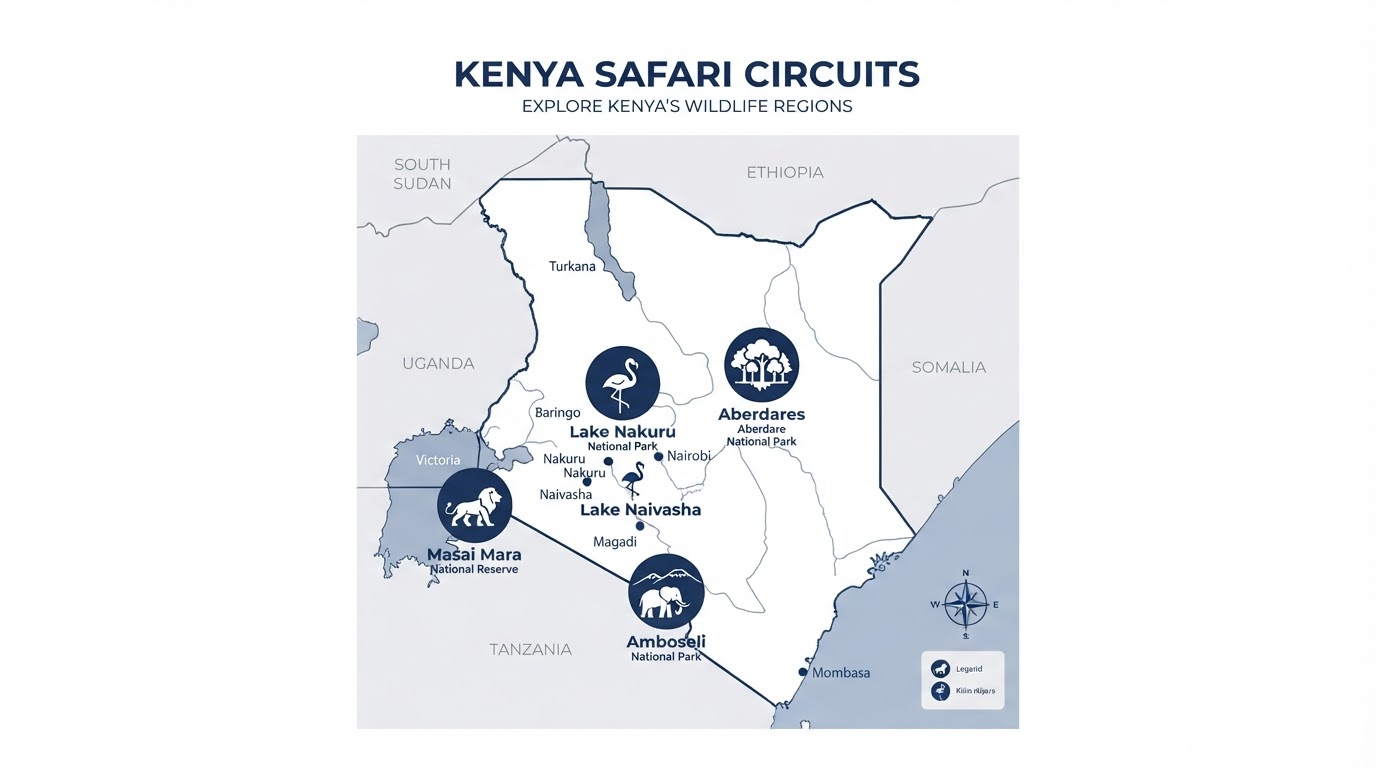 Infographic map of Kenya's main safari circuits: Masai Mara, Amboseli, Lake Nakuru, Aberdares