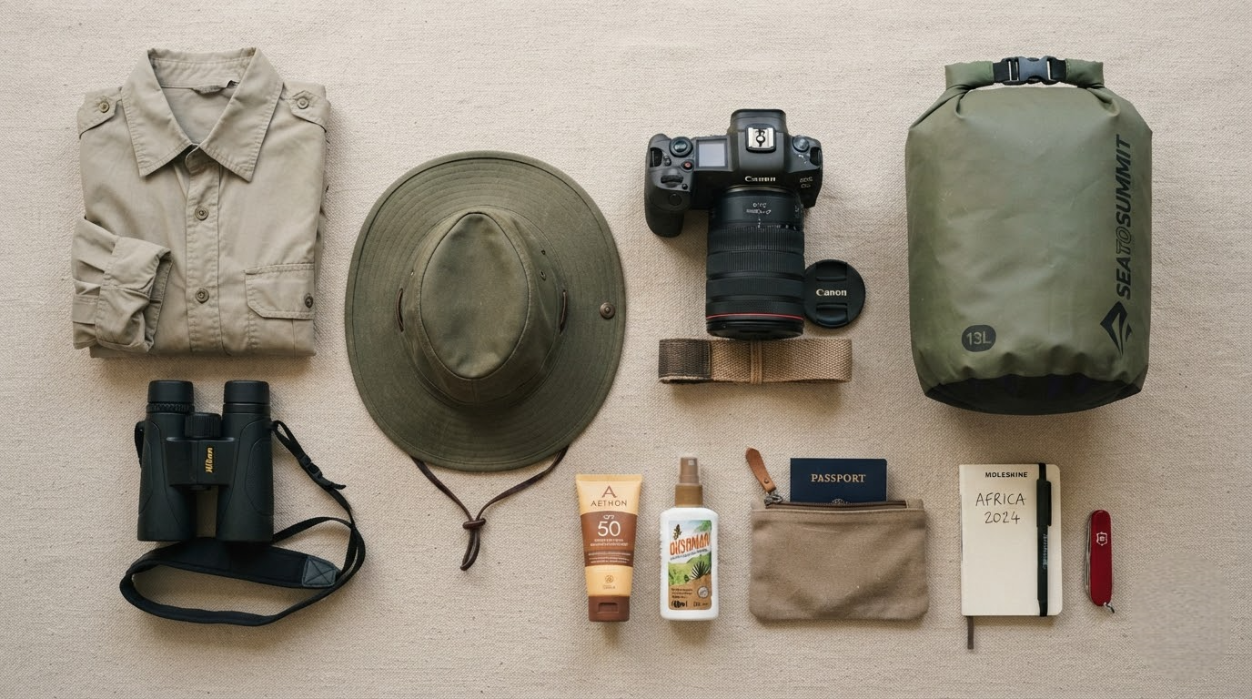 Flatlay of Kenya safari packing essentials including binoculars, hat, camera and insect repellent