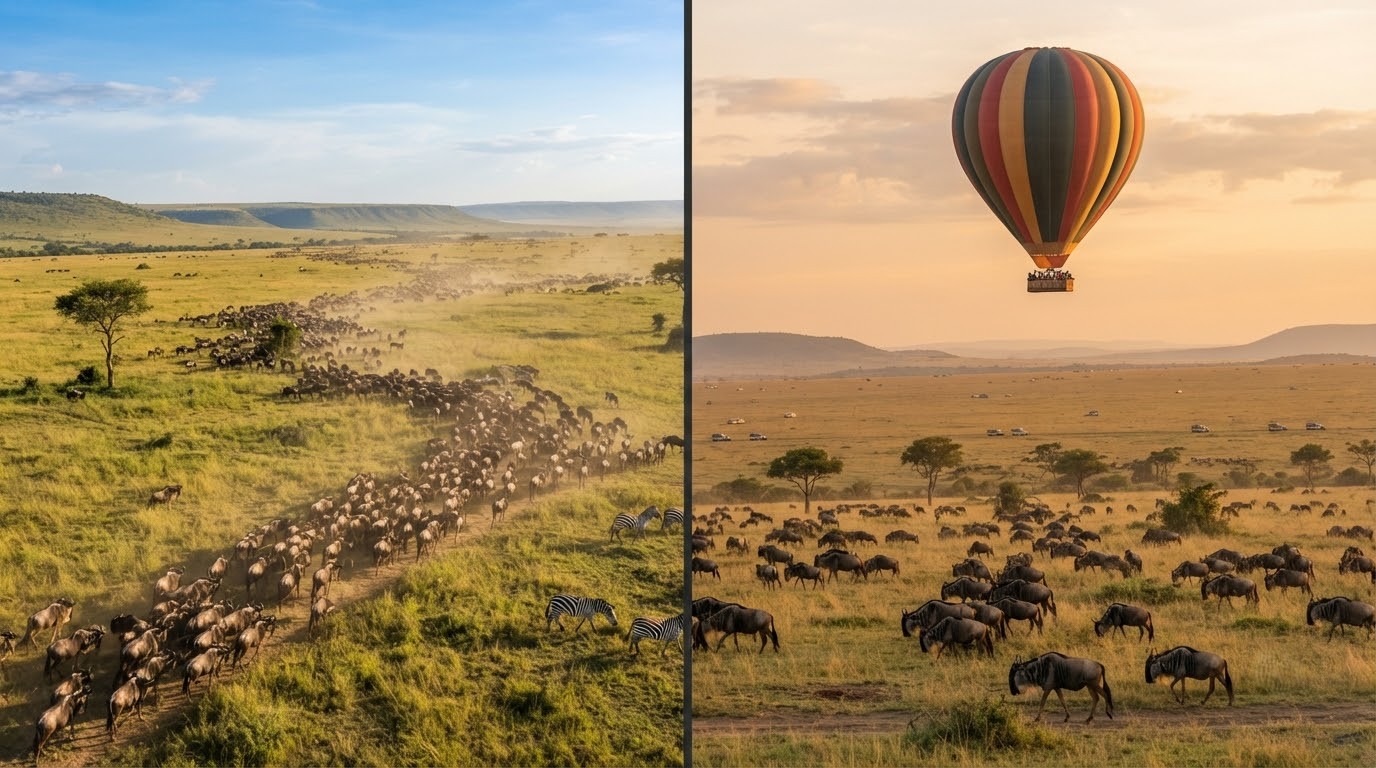 Split image comparing Masai Mara Kenya savannah with Serengeti Tanzania plains