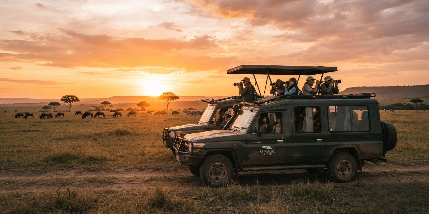 Tourists_photographing_wildlife_…_202609041143-Photoroom Safari vehicle on the plains of Masai Mara at sunset, Kenya