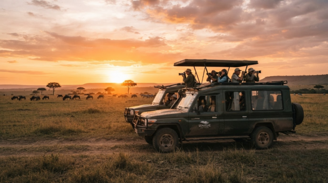 Safari vehicle on the plains of Masai Mara at sunset, Kenya