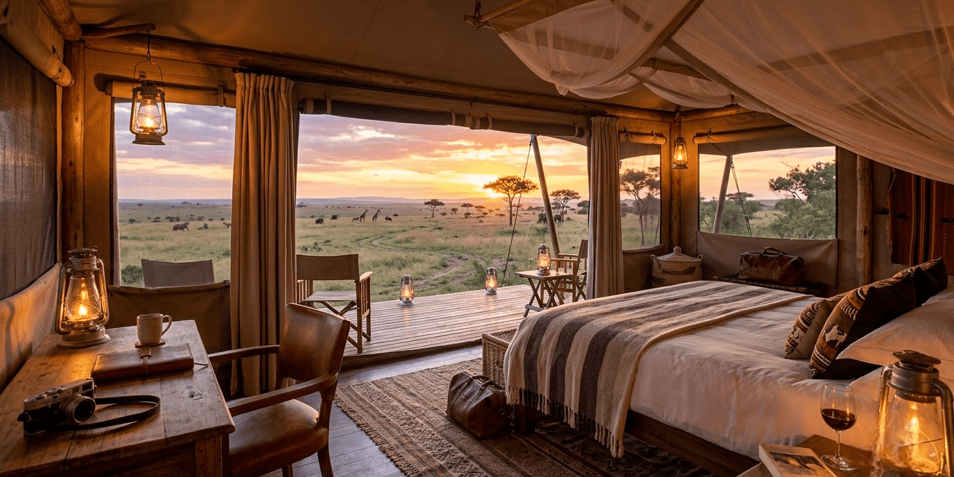Luxury tented safari camp interior with a view over the Kenyan savannah at sunset