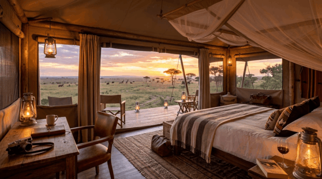 featured image-Photoroom (1) Luxury tented safari camp interior with a view over the Kenyan savannah at sunset