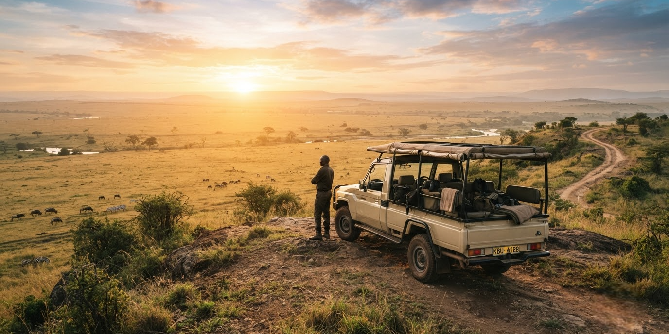 Private 4x4 safari vehicle with driver-guide overlooking the Masai Mara plains at sunrise