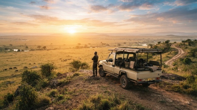 featured image-Photoroom (11) Private 4x4 safari vehicle with driver-guide overlooking the Masai Mara plains at sunrise
