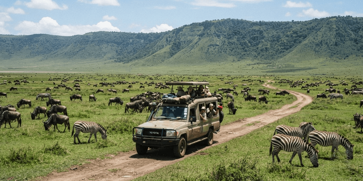 featured image-Photoroom (12) (1) Safari vehicle on a game drive inside Ngorongoro Crater with wildlife grazing on the crater floor