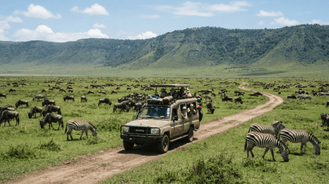 featured image-Photoroom (12) (1) Safari vehicle on a game drive inside Ngorongoro Crater with wildlife grazing on the crater floor