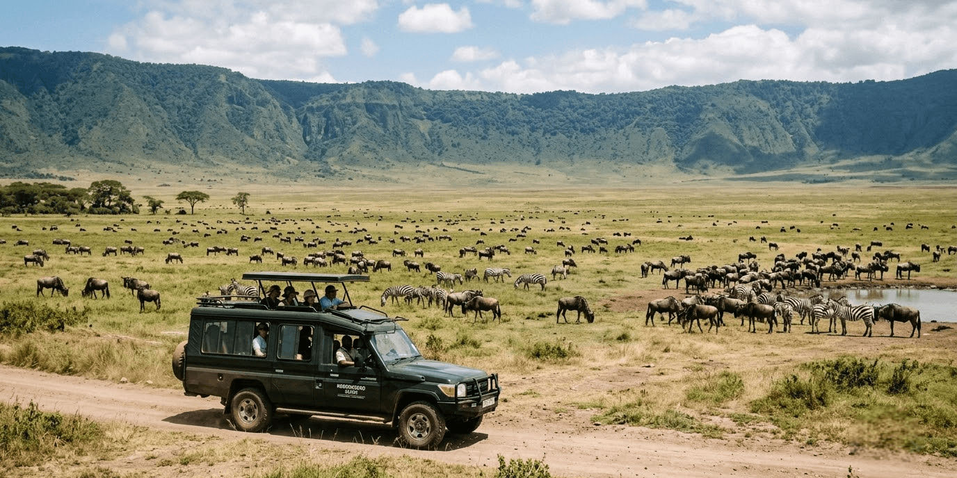 Elephant herd walking across Amboseli National Park in Kenya with Mount Kilimanjaro in the background