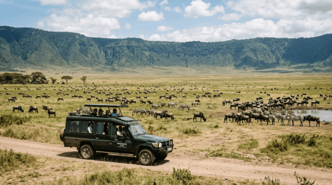 Elephant herd walking across Amboseli National Park in Kenya with Mount Kilimanjaro in the background
