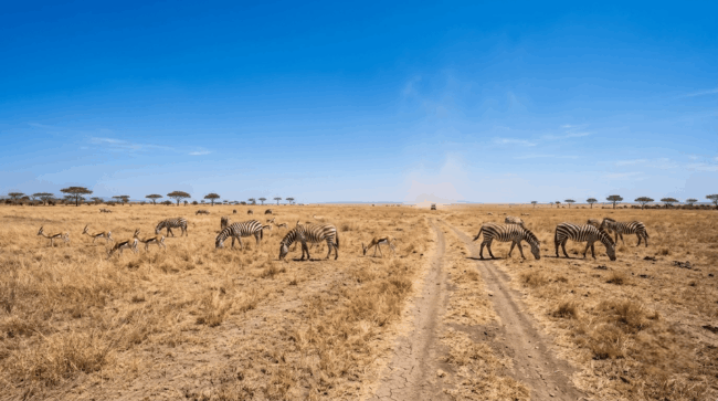 Dry golden grassland of the Masai Mara during peak safari season with wildlife grazing