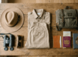 Flat lay of safari packing essentials including khaki clothing, binoculars and a wide-brimmed hat