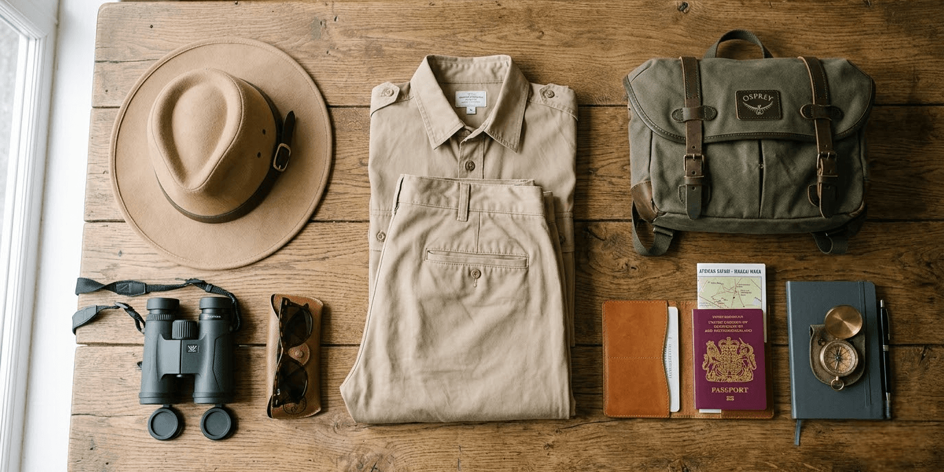 Flat lay of safari packing essentials including khaki clothing, binoculars and a wide-brimmed hat