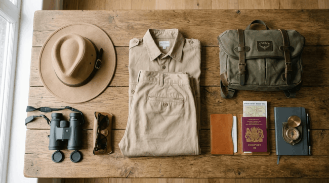 Flat lay of safari packing essentials including khaki clothing, binoculars and a wide-brimmed hat