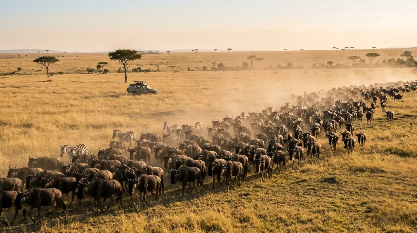 Safari vehicle watching wildebeest on the Masai Mara plains during a Kenya safari package