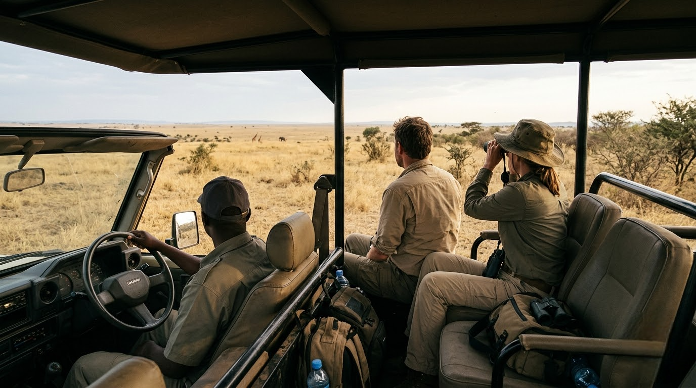 Couple looking out over the savannah from an open safari vehicle with their driver-guide