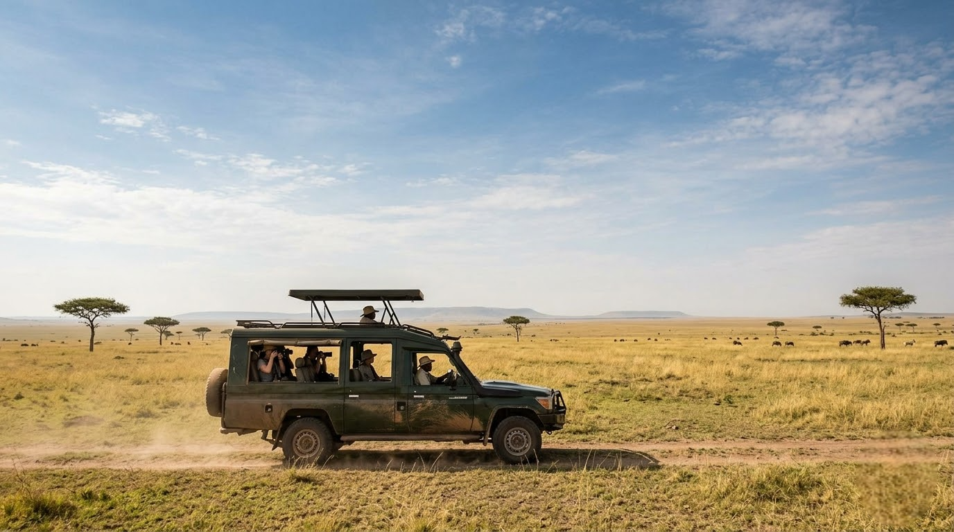 Safari vehicle crossing the open Serengeti plains under a wide sky