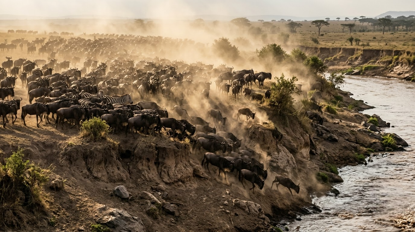 Wildebeest herd gathering at a river bank in the Masai Mara during migration season