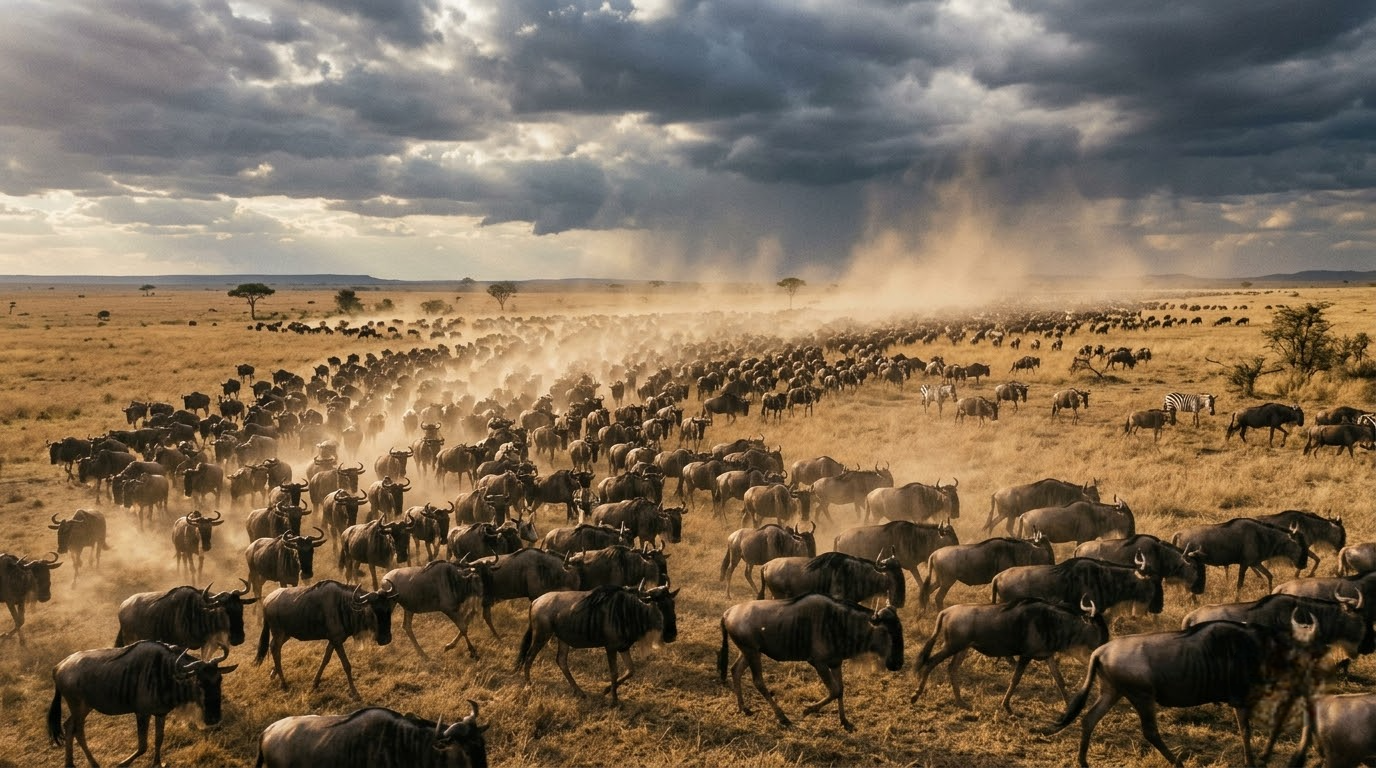Wildebeest streaming across the Serengeti plains under a dramatic sky
