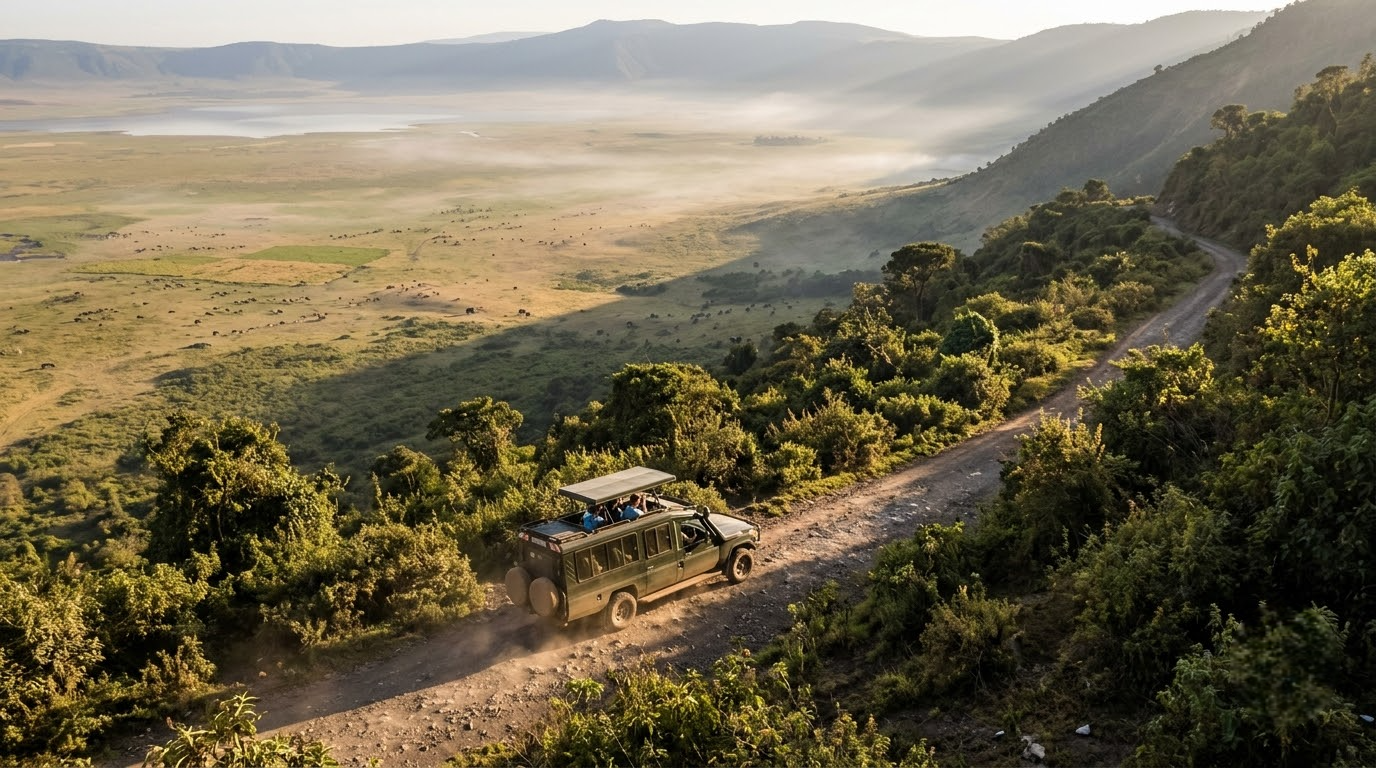 Safari vehicle descending the crater road with wildlife visible on the floor below