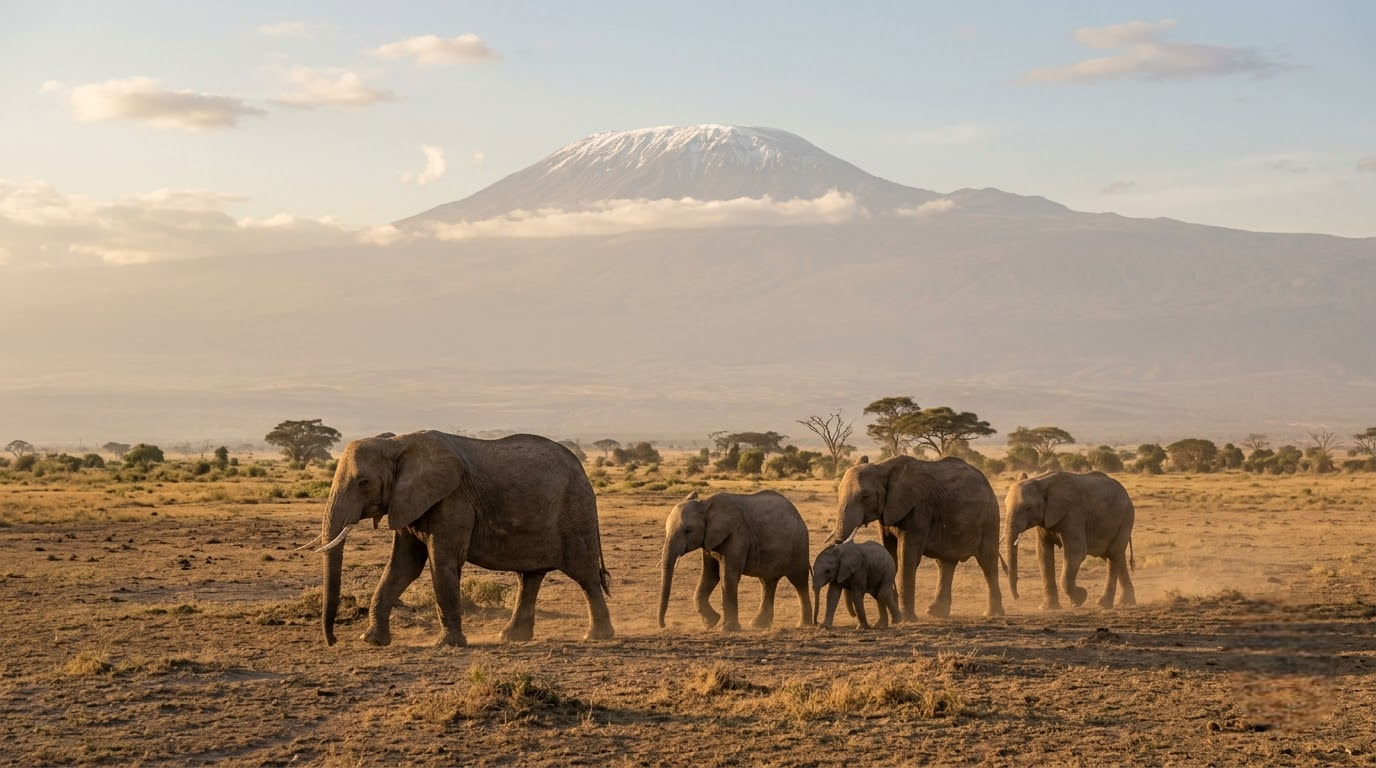 Elephants walking through Amboseli National Park with Mount Kilimanjaro behind them