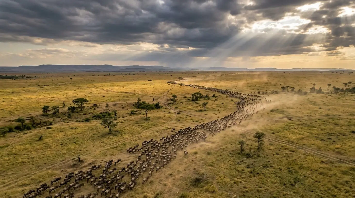 Aerial-style view of migrating wildebeest streaming across open grassland