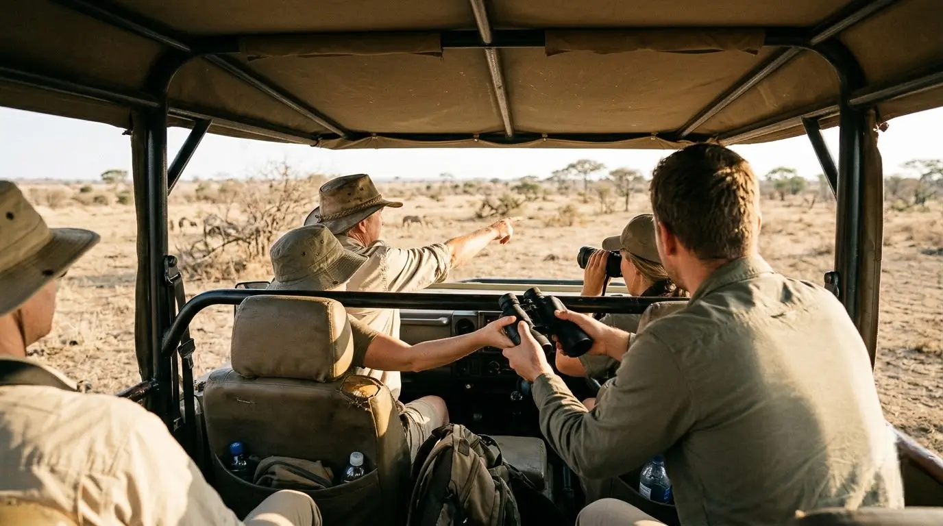 Travellers sharing binoculars and pointing out wildlife from a safari vehicle