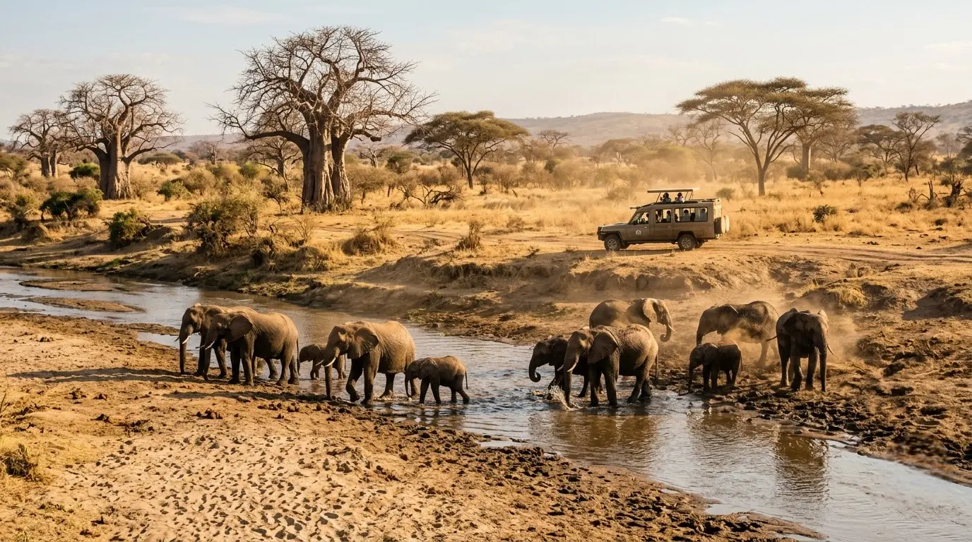 Safari vehicle parked beside the Tarangire River with elephants drinking
