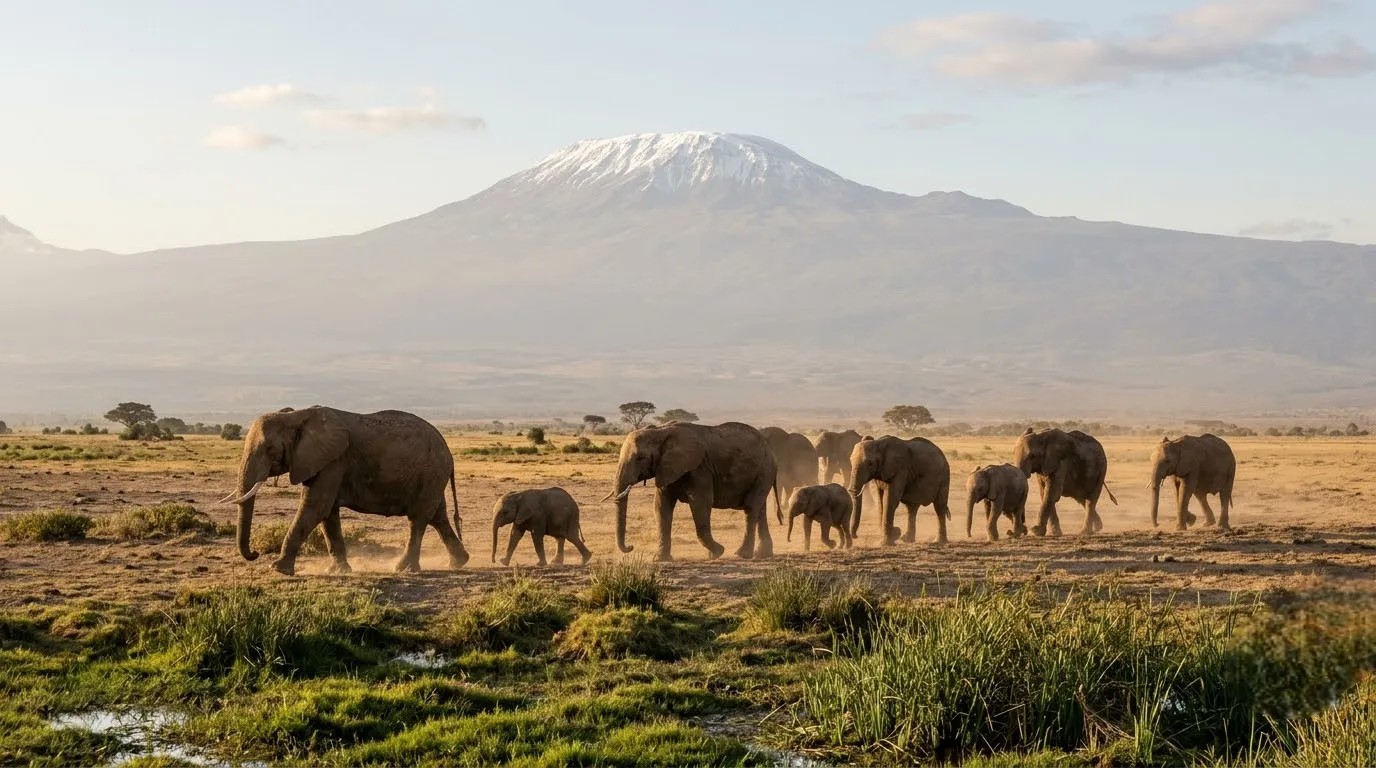 Elephants walking across Amboseli National Park with Mount Kilimanjaro in the background