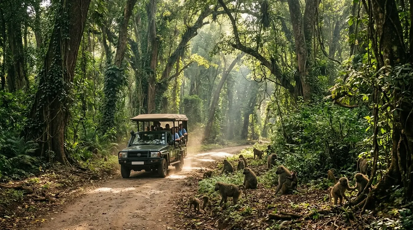 Safari vehicle driving through the groundwater forest at Lake Manyara National Park