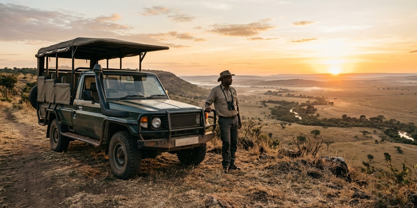 Private safari vehicle and driver-guide parked overlooking the Masai Mara at sunrise