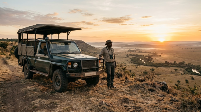 featured image (10)-Photoroom Private safari vehicle and driver-guide parked overlooking the Masai Mara at sunrise