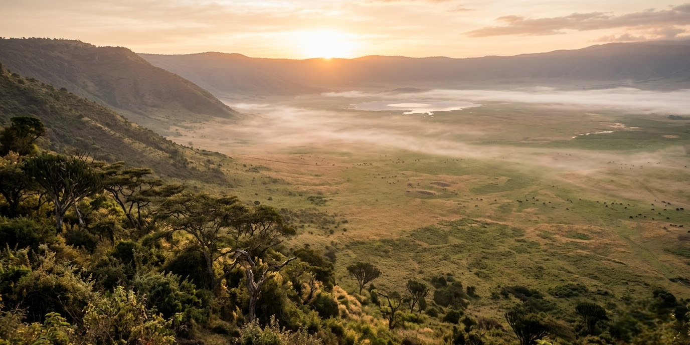featured image (11)-Photoroom Ngorongoro Crater seen from the rim at sunrise with mist over the crater floor