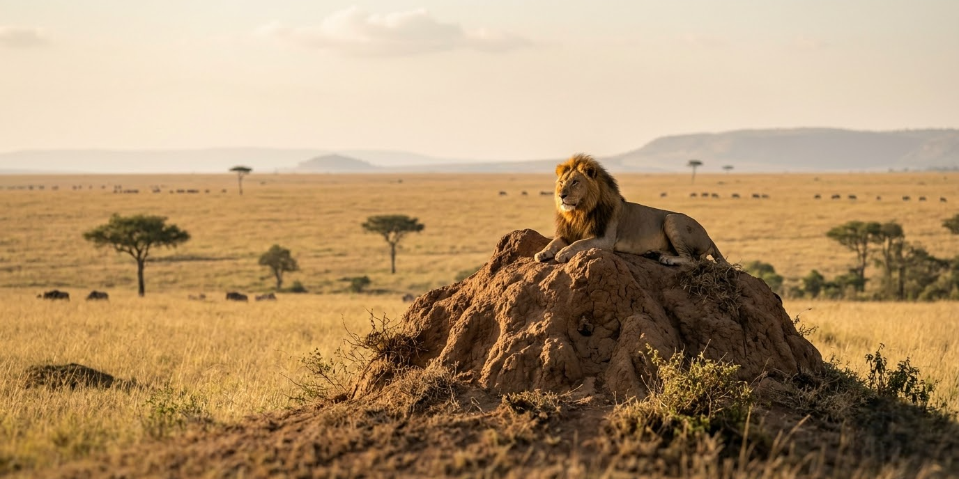 Lion resting on a termite mound in the Masai Mara with grassland stretching behind