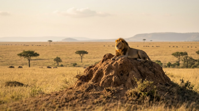 featured image (12)-Photoroom Lion resting on a termite mound in the Masai Mara with grassland stretching behind