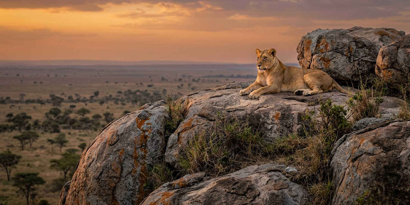 featured image (13)-Photoroom Lioness lying on a granite kopje in the Serengeti at dusk