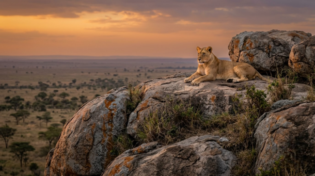 featured image (13)-Photoroom Lioness lying on a granite kopje in the Serengeti at dusk