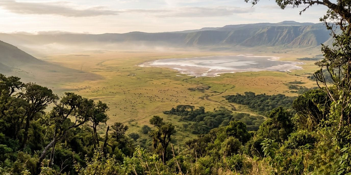 Aerial-style view of the Ngorongoro Crater floor with a lake and grazing herds
