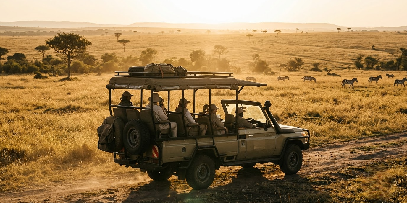 Safari vehicle on a game drive across the Masai Mara plains at golden hour