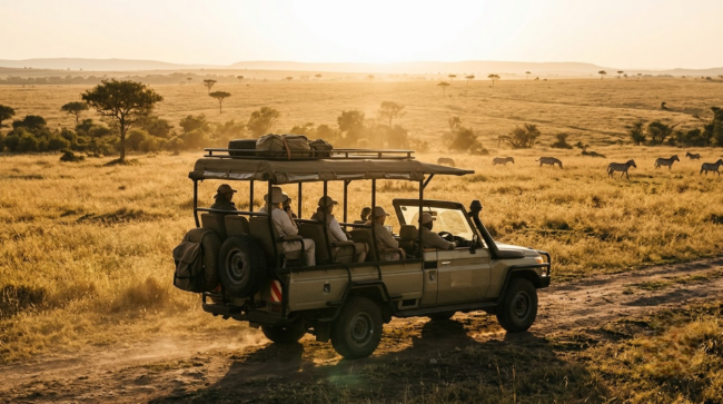 featured image (9)-Photoroom Safari vehicle on a game drive across the Masai Mara plains at golden hour