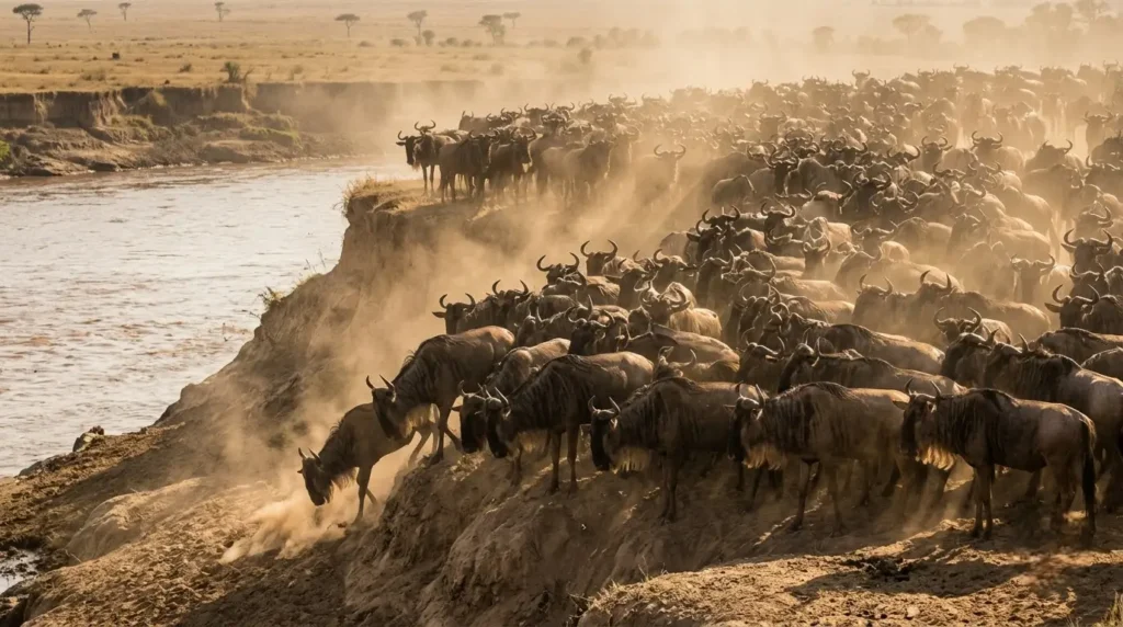 Wildebeest herd gathering at the edge of a river before a crossing