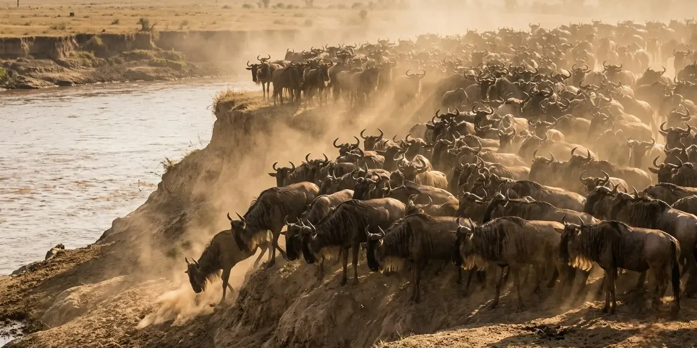 Wildebeest herd gathering at the edge of a river before a crossing