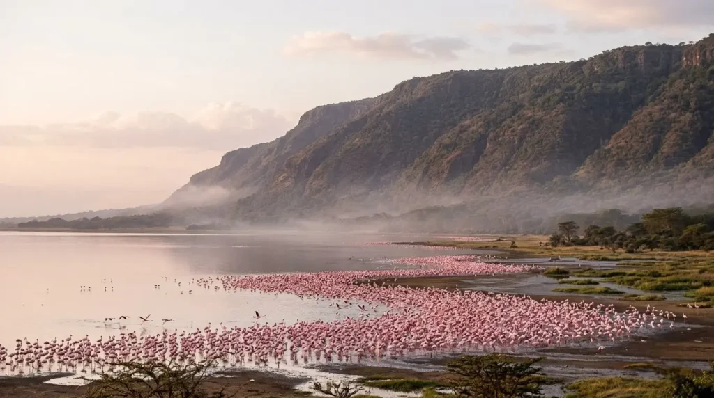 Flamingos gathering on the shore of Lake Manyara beneath the Rift Valley escarpment